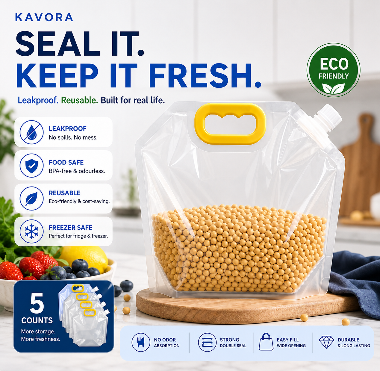 KAVORA FreshSeal Leakproof Food Bags (5-Pack)