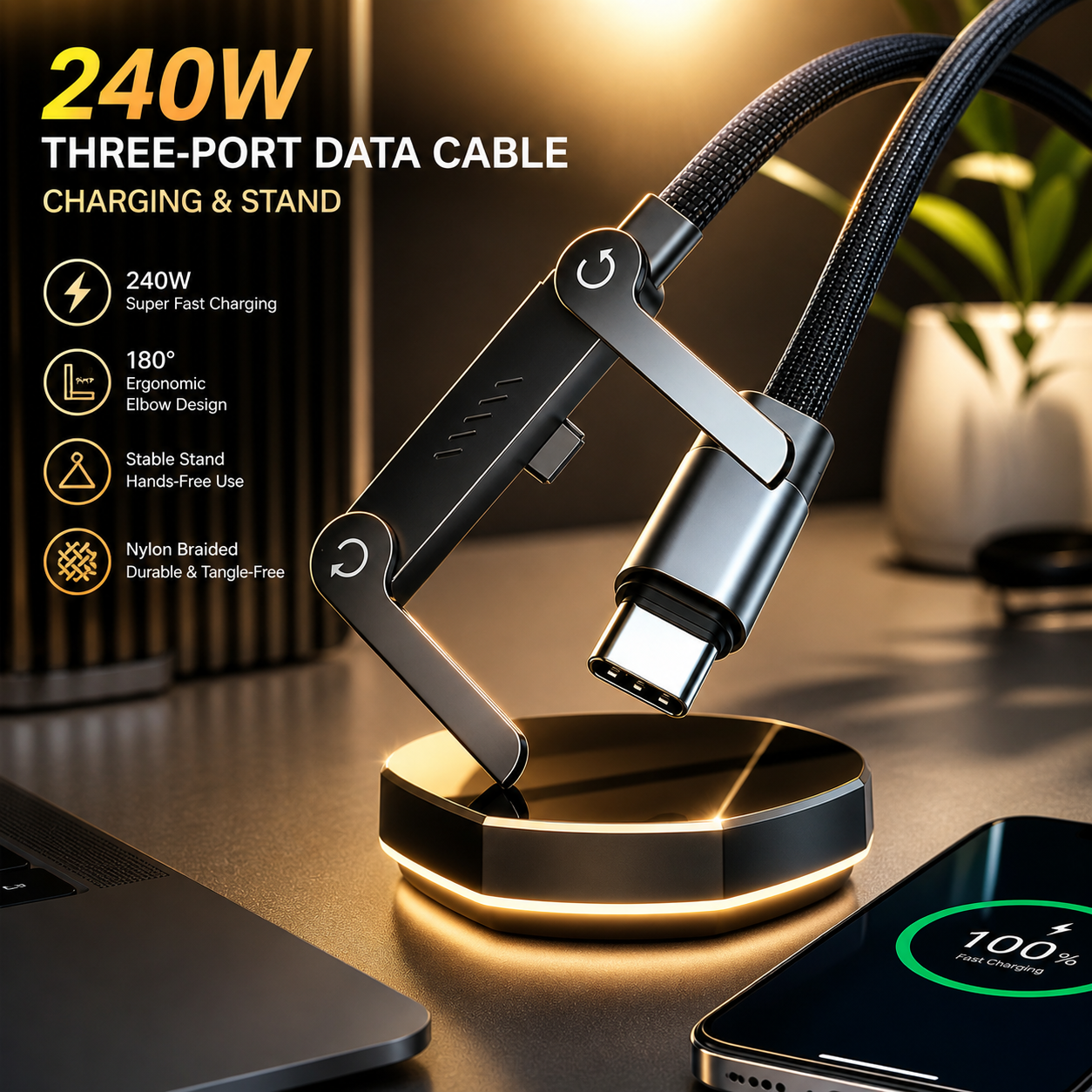 Kavora™️ PowerStand Cable — 240W Fast Charging & Hands-Free Phone Stand (2-in-1 Type-C)