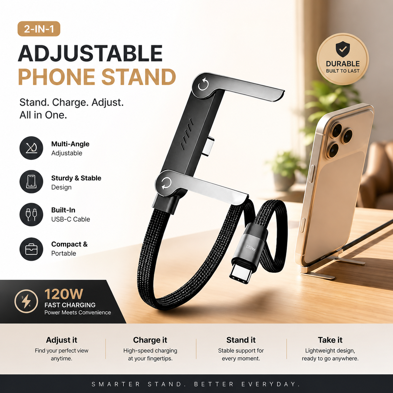 Kavora™️ PowerStand Cable — 240W Fast Charging & Hands-Free Phone Stand (2-in-1 Type-C)