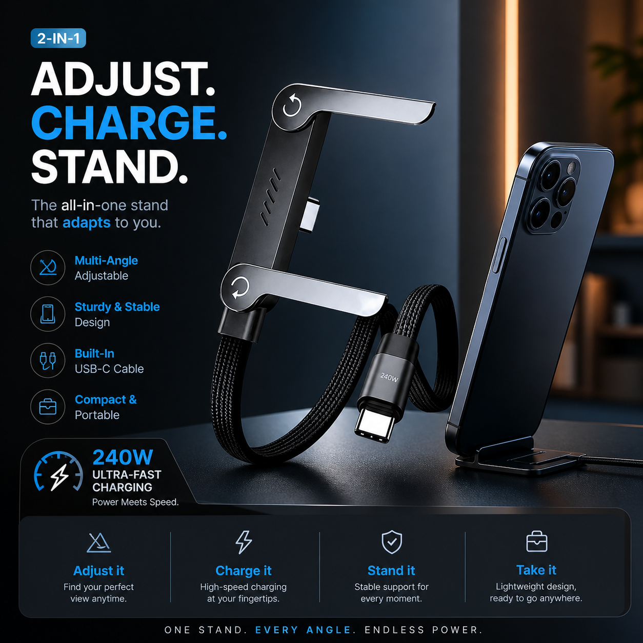 Kavora™️ PowerStand Cable — 240W Fast Charging & Hands-Free Phone Stand (2-in-1 Type-C)